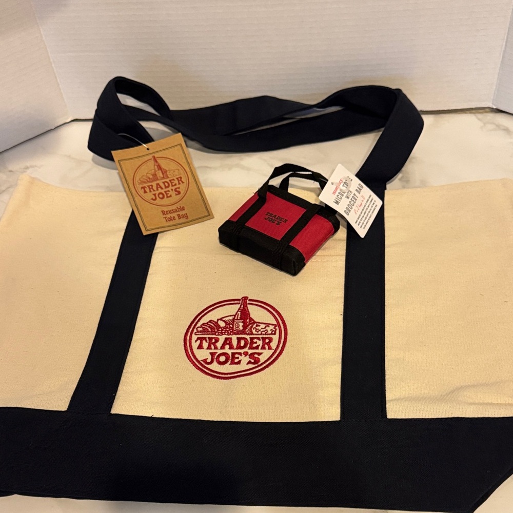 Large Trader Joe’s Tote bag + Micro Tote with Grocery Bag. NWT